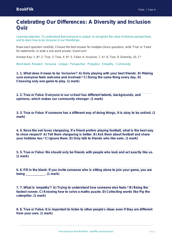 Free Diversity And Inclusion Quiz | Year 4 Core | BookFlik worksheet preview — Pshe Diversity And Inclusion
