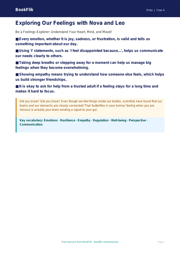 Free Feelings Poster | Year 4 Core | BookFlik worksheet preview — Pshe Feelings