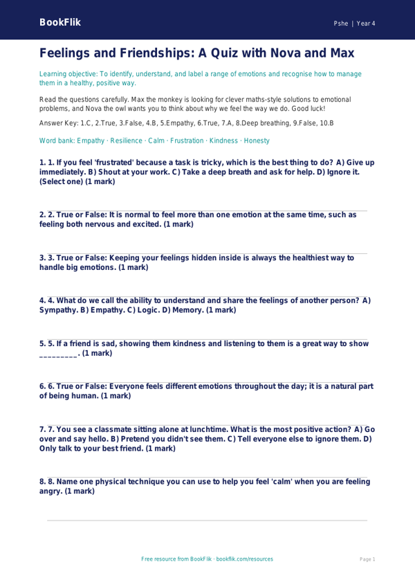 Free Feelings Quiz | Year 4 Core | BookFlik worksheet preview — Pshe Feelings