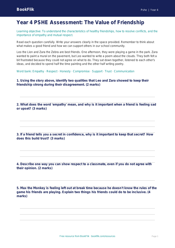 Free Friendship Assessment | Year 4 Core | BookFlik worksheet preview — Pshe Friendship
