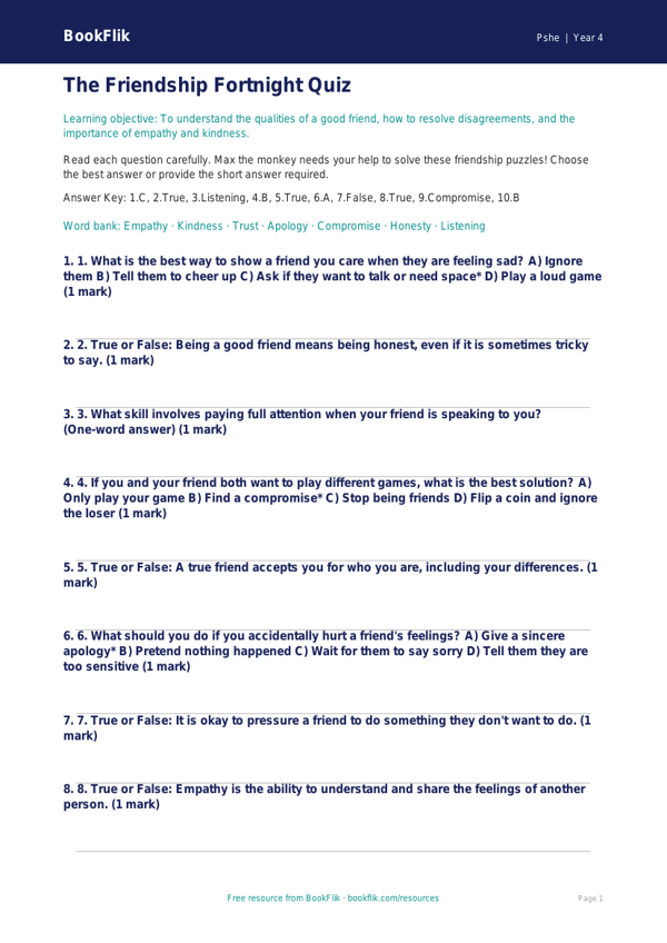 Free Friendship Quiz | Year 4 Core | BookFlik worksheet preview — Pshe Friendship