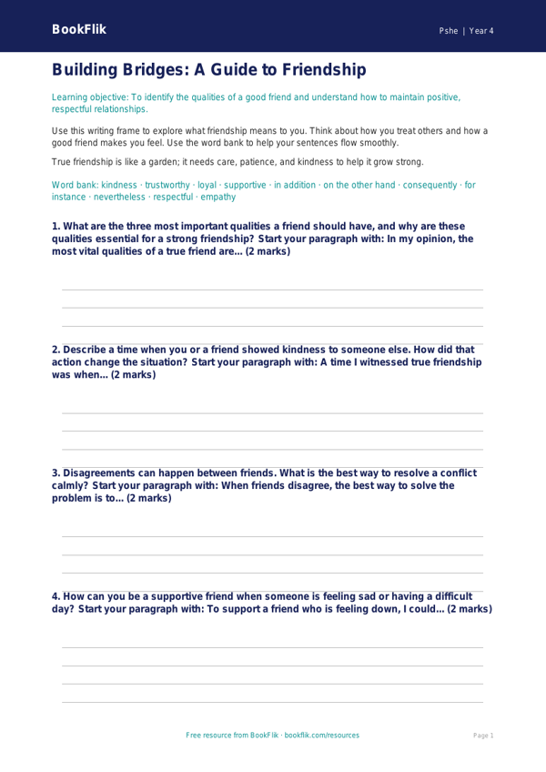 Free Friendship Writing Frame | Year 4 Core | BookFlik worksheet preview — Pshe Friendship