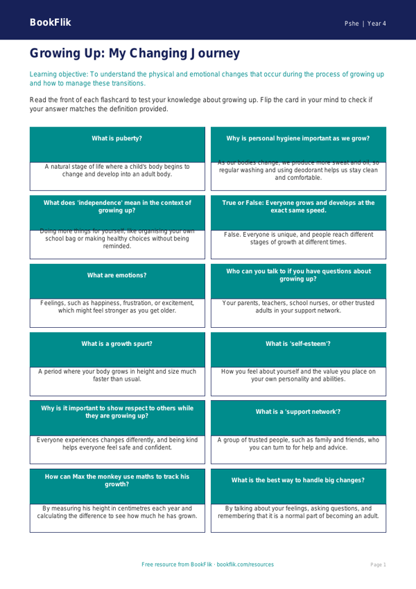 Free Growing Up Flashcards | Year 4 Core | BookFlik worksheet preview — Pshe Growing Up