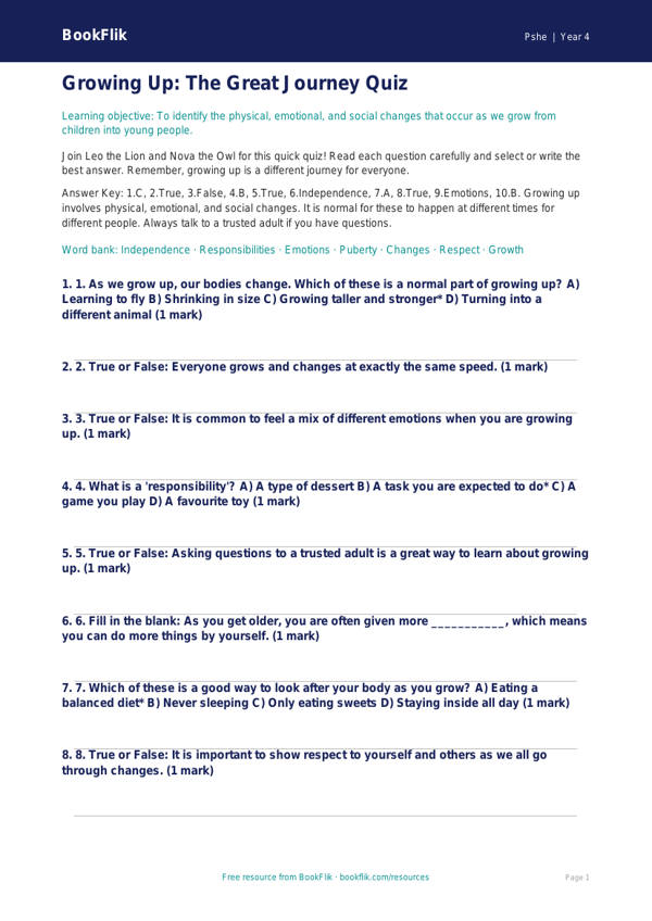 Free Growing Up Quiz | Year 4 Core | BookFlik worksheet preview — Pshe Growing Up