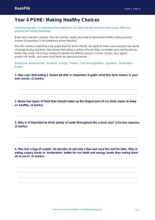 Free Healthy Eating Assessment | Year 4 Core | BookFlik worksheet preview — Pshe Healthy Eating