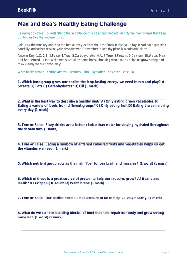 Free Healthy Eating Quiz | Year 4 Core | BookFlik worksheet preview — Pshe Healthy Eating