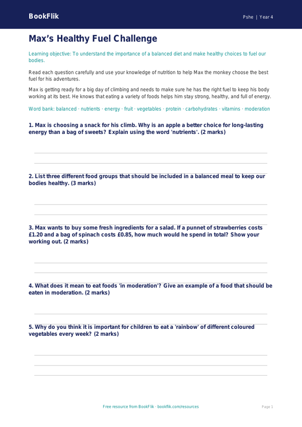 Free Healthy Eating Worksheet | Year 4 Core | BookFlik worksheet preview — Pshe Healthy Eating