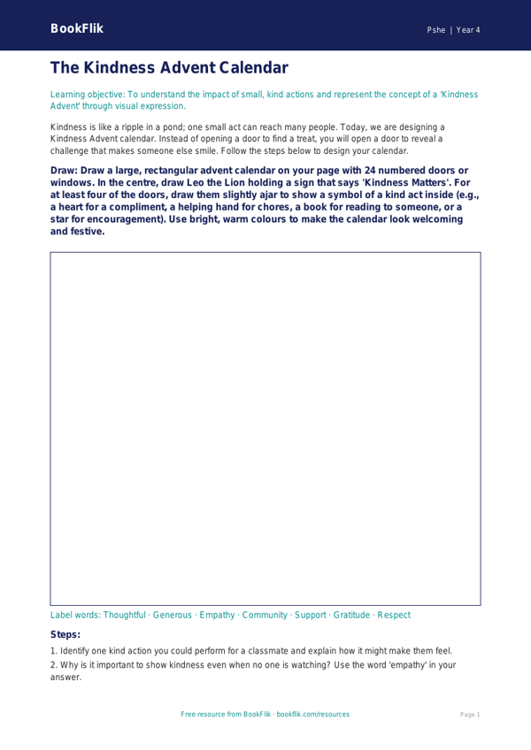 Free Kindness Advent Drawing Sheet | Year 4 Core | BookFlik worksheet preview — Pshe Kindness Advent