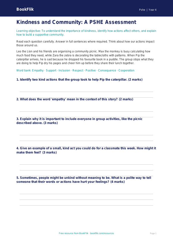 Free Kindness Assessment | Year 4 Core | BookFlik worksheet preview — Pshe Kindness