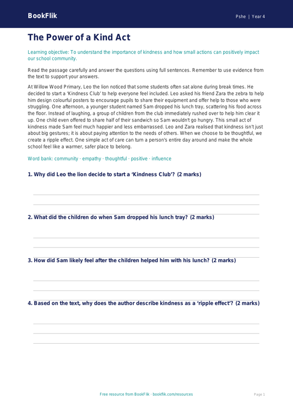Free Kindness Comprehension | Year 4 Core | BookFlik worksheet preview — Pshe Kindness
