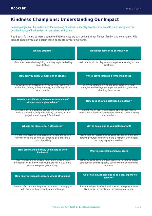 Free Kindness Flashcards | Year 4 Core | BookFlik worksheet preview — Pshe Kindness