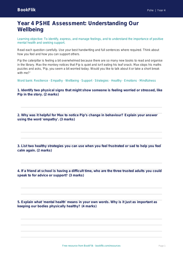 Free Mental Health Assessment | Year 4 Core | BookFlik worksheet preview — Pshe Mental Health