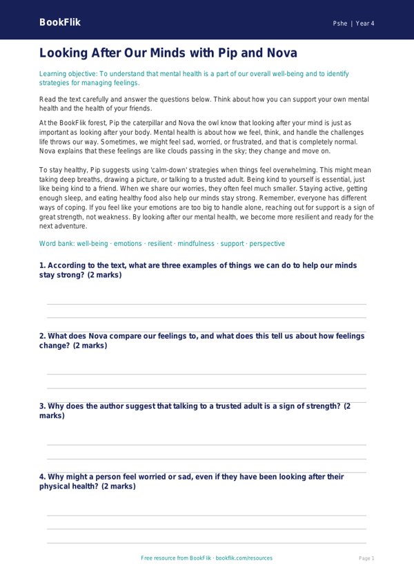 Free Mental Health Comprehension | Year 4 Core | BookFlik worksheet preview — Pshe Mental Health