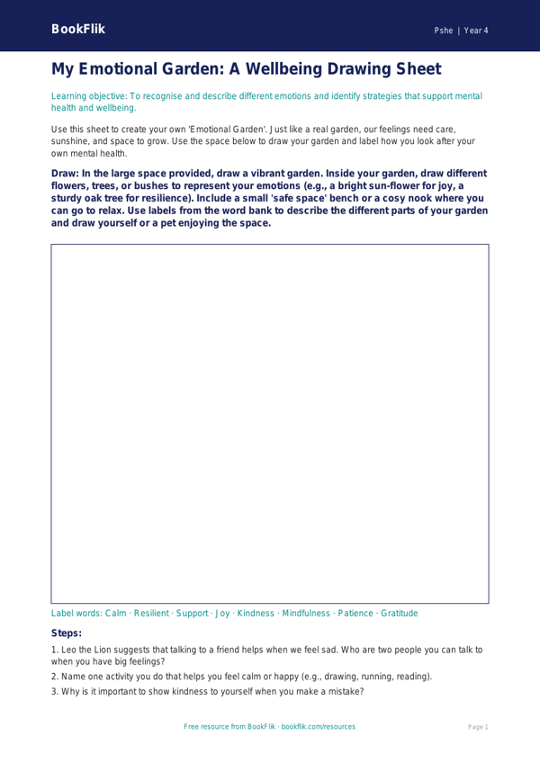 Free Mental Health Drawing Sheet | Year 4 Core | BookFlik worksheet preview — Pshe Mental Health