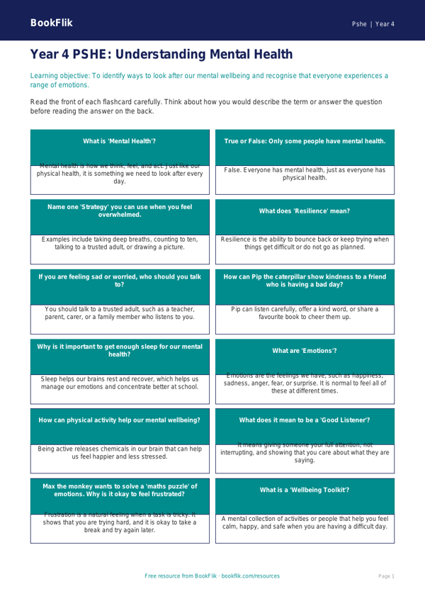 Free Mental Health Flashcards | Year 4 Core | BookFlik worksheet preview — Pshe Mental Health