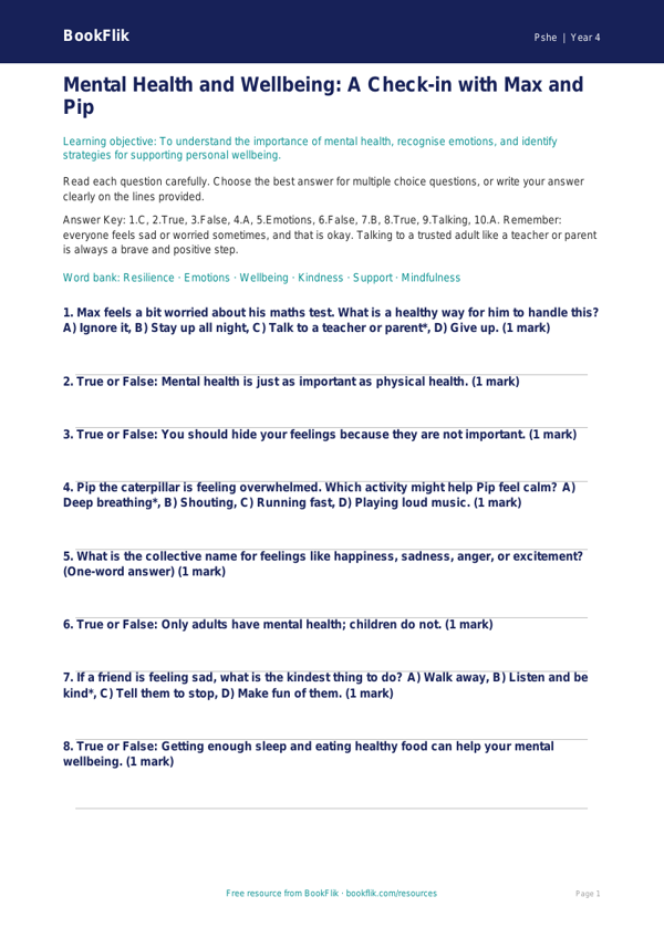 Free Mental Health Quiz | Year 4 Core | BookFlik worksheet preview — Pshe Mental Health