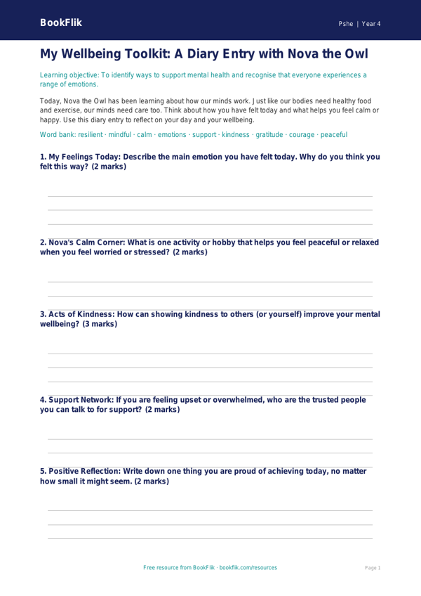 Free Mental Health Worksheet | Year 4 Core Curriculum | BookFlik worksheet preview — Pshe Mental Health