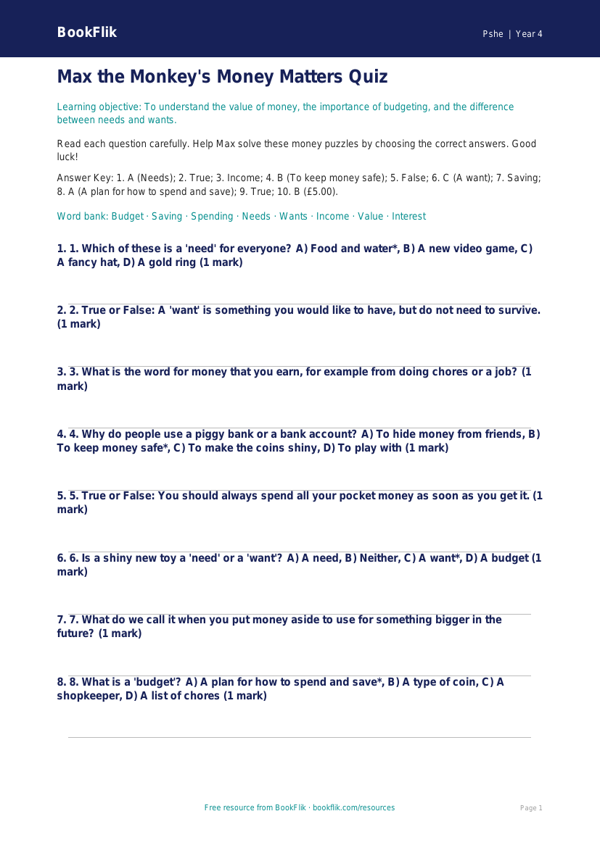 Free Money Quiz | Year 4 Core | BookFlik worksheet preview — Pshe Money