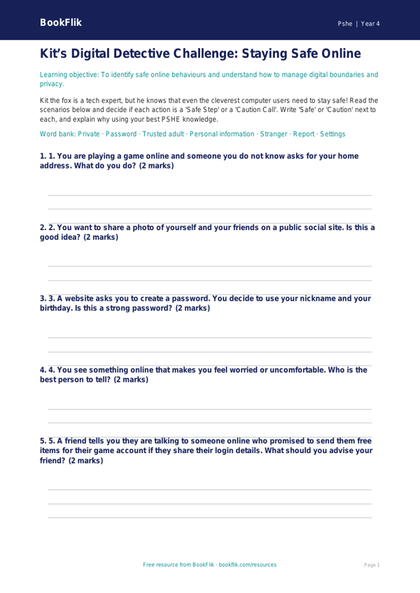 Free Online Safety Activity Sheet | Year 4 Core | BookFlik worksheet preview — Pshe Online Safety