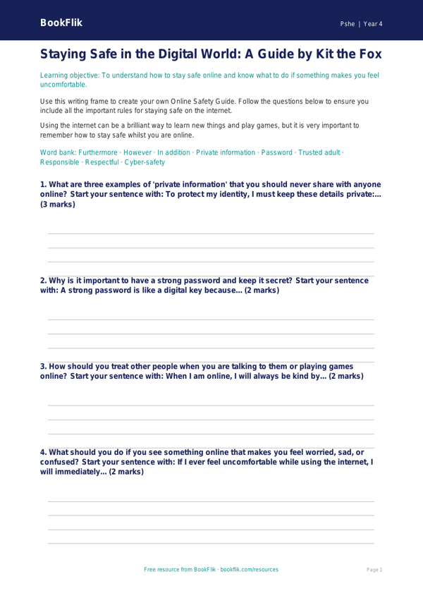 Free Online Safety Writing Frame | Year 4 Core | BookFlik worksheet preview — Pshe Online Safety