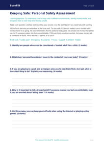 Free Personal Safety Assessment | Year 4 Core | BookFlik