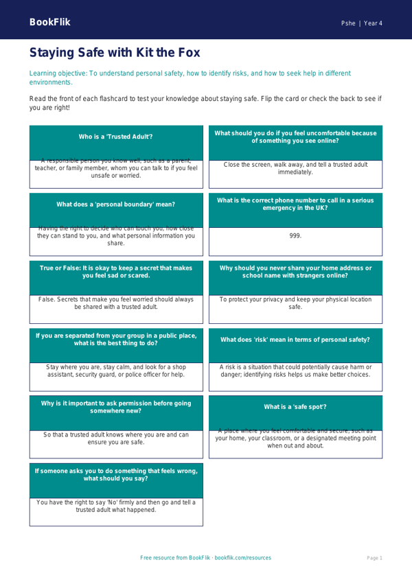 Free Personal Safety Flashcards | Year 4 Core | BookFlik worksheet preview — Pshe Personal Safety