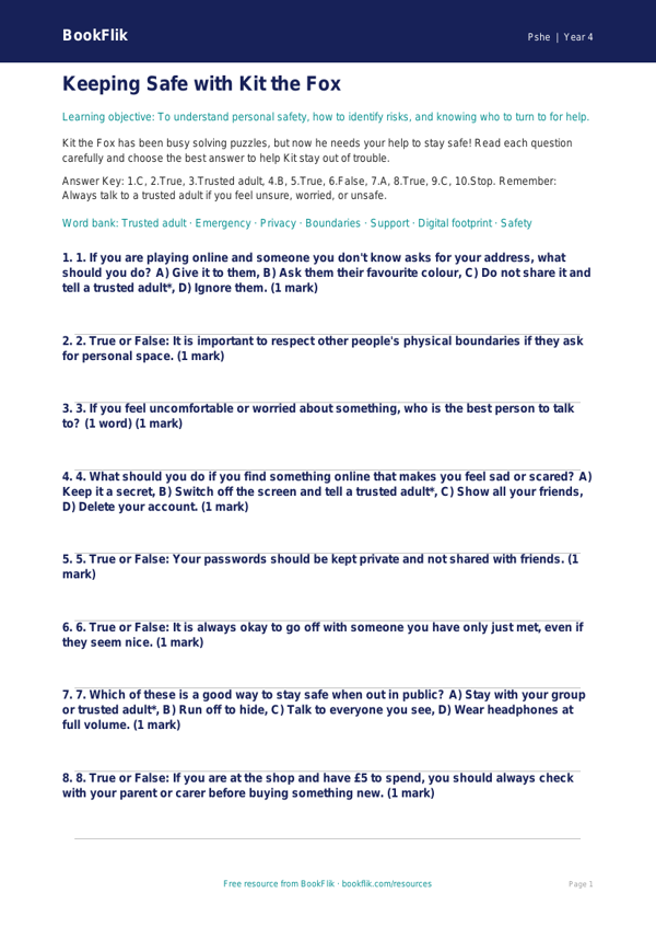 Free Personal Safety Quiz | Year 4 Core | BookFlik worksheet preview — Pshe Personal Safety