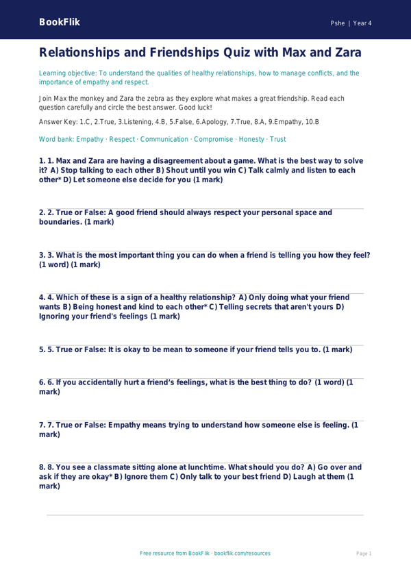 Free Relationships Quiz | Year 4 Core | BookFlik worksheet preview — Pshe Relationships