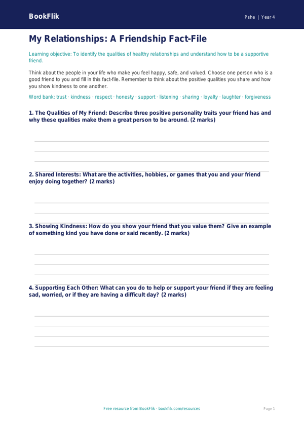 Free Relationships Template | Year 4 Core | BookFlik worksheet preview — Pshe Relationships