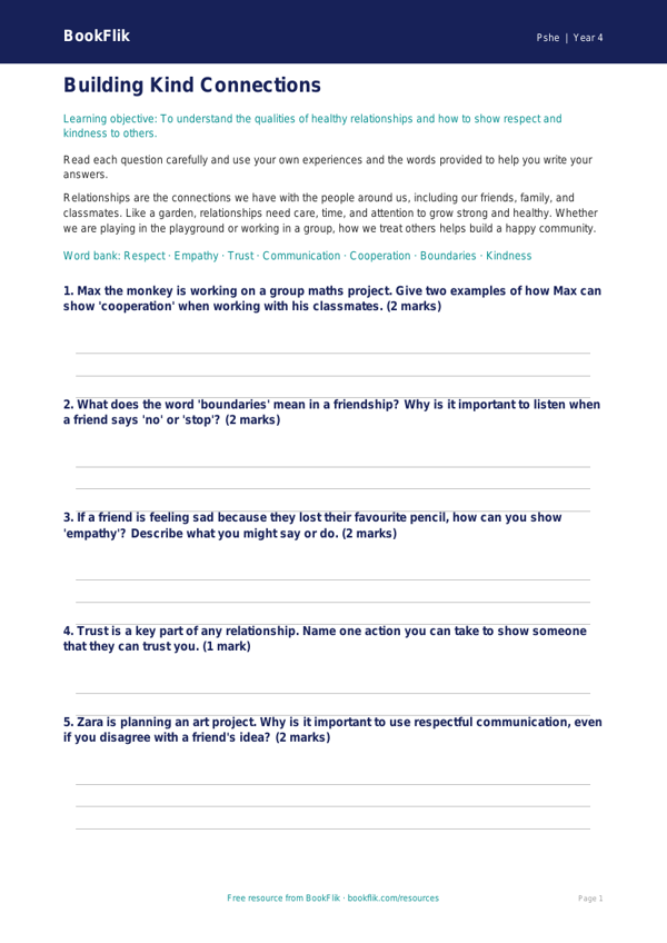Free Relationships Worksheet | Year 4 Core | BookFlik worksheet preview — Pshe Relationships