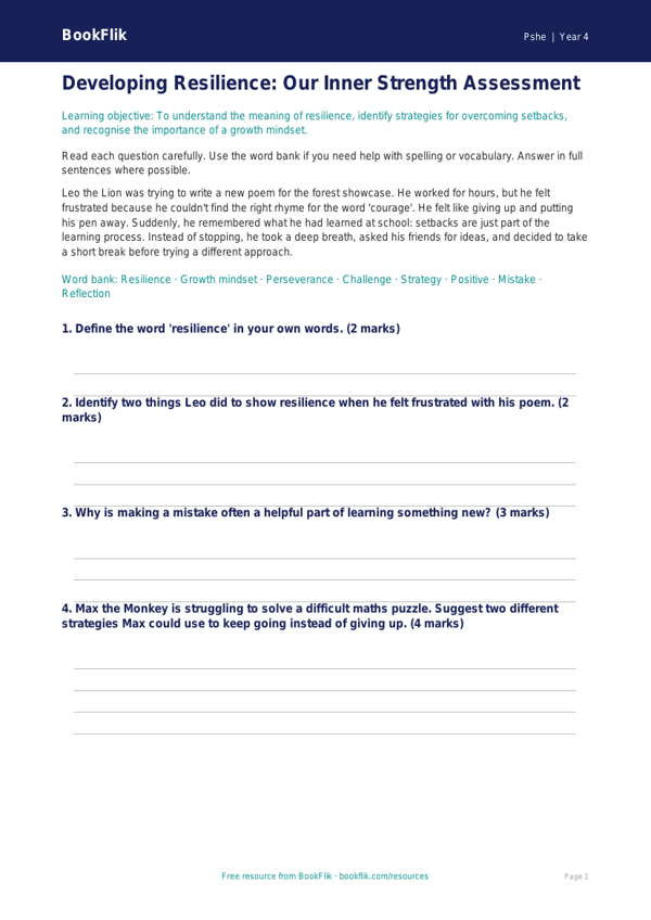Free Resilience Assessment | Year 4 Core | BookFlik worksheet preview — Pshe Resilience