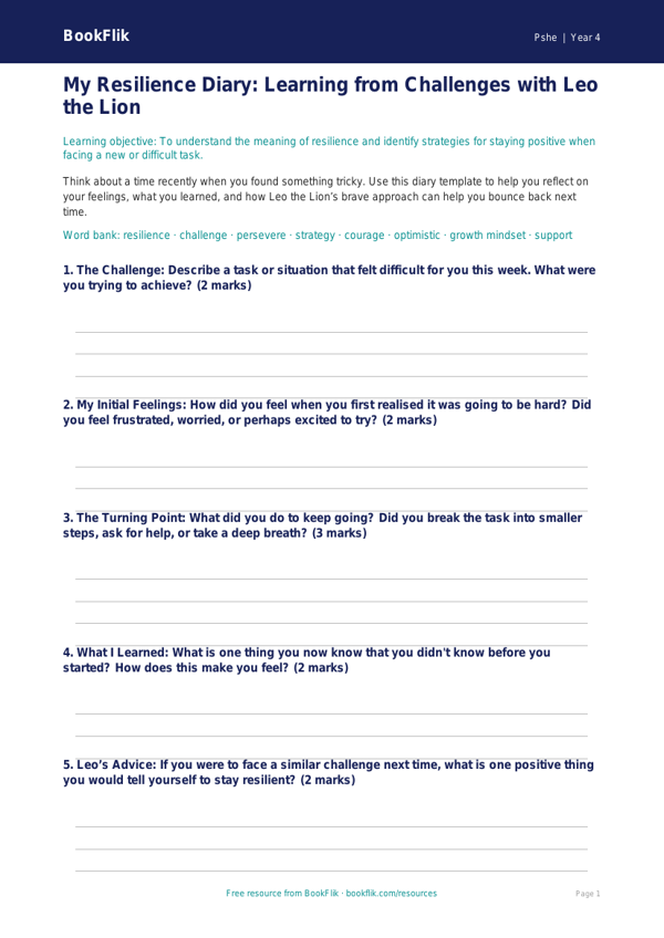 Free Resilience Template | Year 4 Core | BookFlik worksheet preview — Pshe Resilience