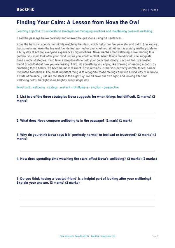 Free Wellbeing Comprehension | Year 4 Core | BookFlik worksheet preview — Pshe Wellbeing