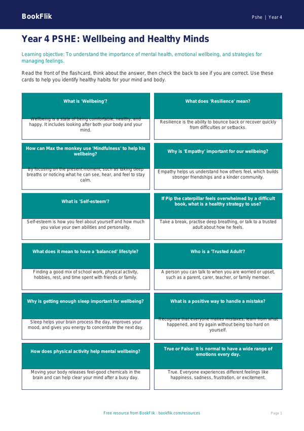 Free Wellbeing Flashcards | Year 4 Core | BookFlik worksheet preview — Pshe Wellbeing