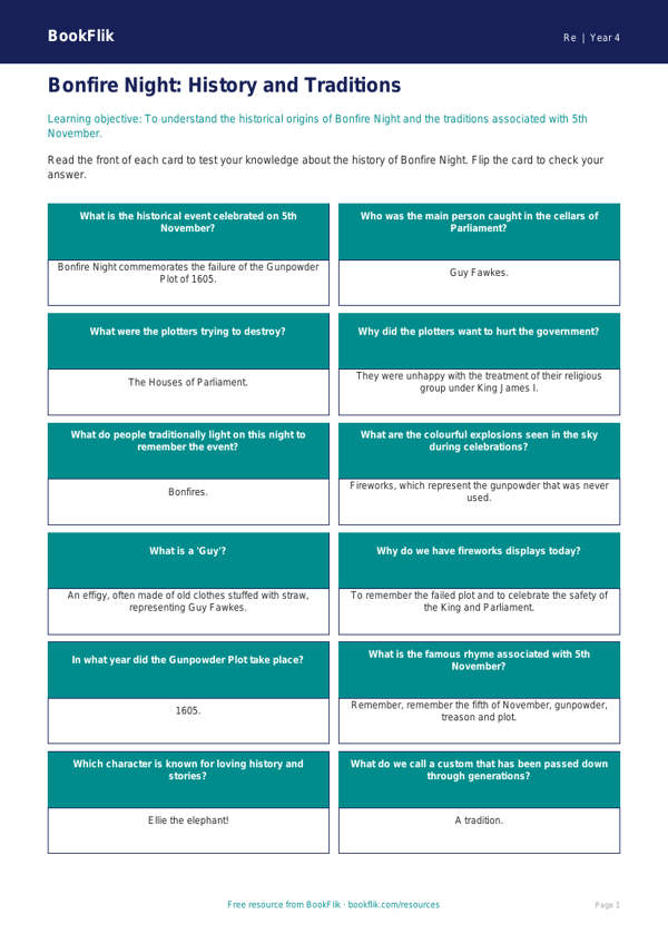 Free Bonfire Night Flashcards | Year 4 Core | BookFlik worksheet preview — Re Bonfire Night