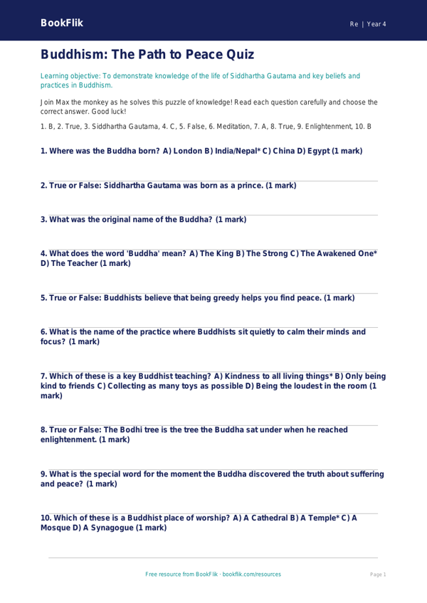 Free Buddhism Quiz | Year 4 Core | BookFlik worksheet preview — Re Buddhism
