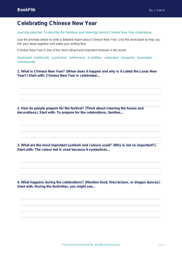 Free Chinese New Year Writing Frame | Year 4 Core | BookFlik worksheet preview — Re Chinese New Year