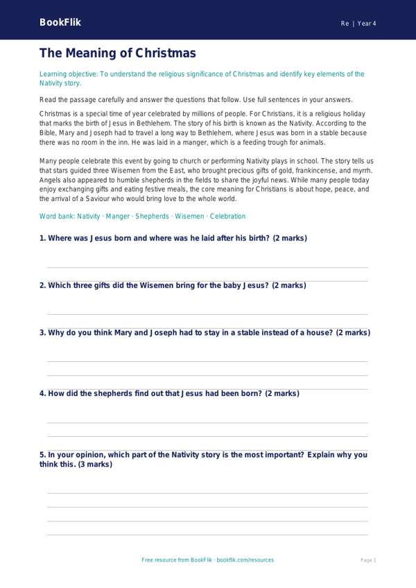 Free Christmas Comprehension | Year 4 Core | BookFlik worksheet preview — Re Christmas