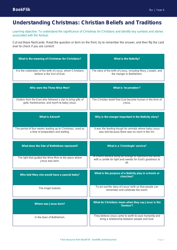 Free Christmas Flashcards | Year 4 Core | BookFlik worksheet preview — Re Christmas