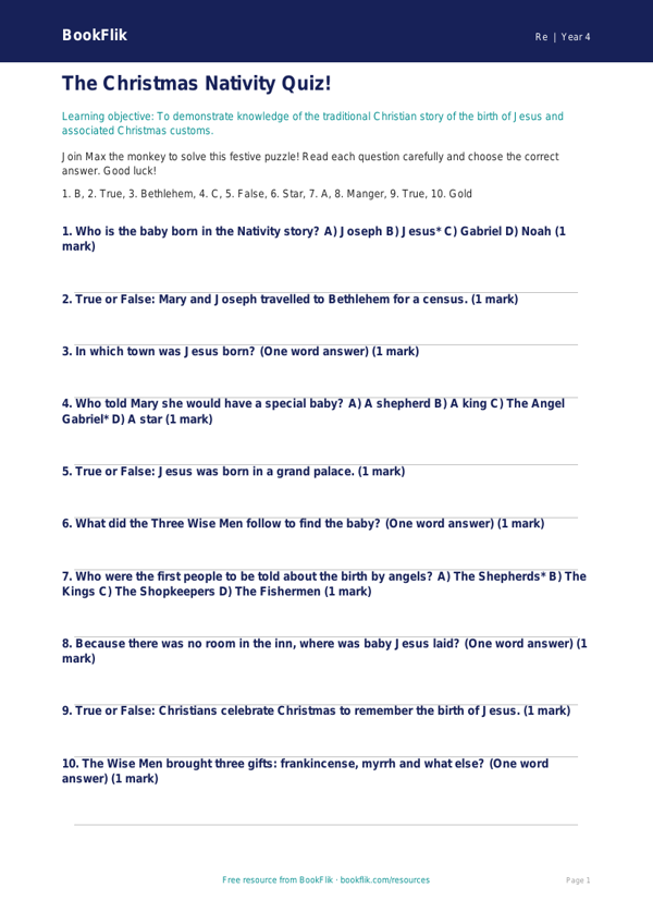 Free Christmas Quiz | Year 4 Core | BookFlik worksheet preview — Re Christmas