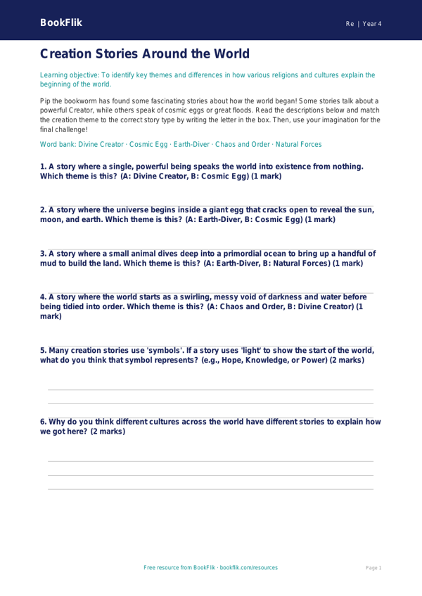 Free Creation Stories Activity Sheet | Year 4 Core | BookFlik worksheet preview — Re Creation Stories