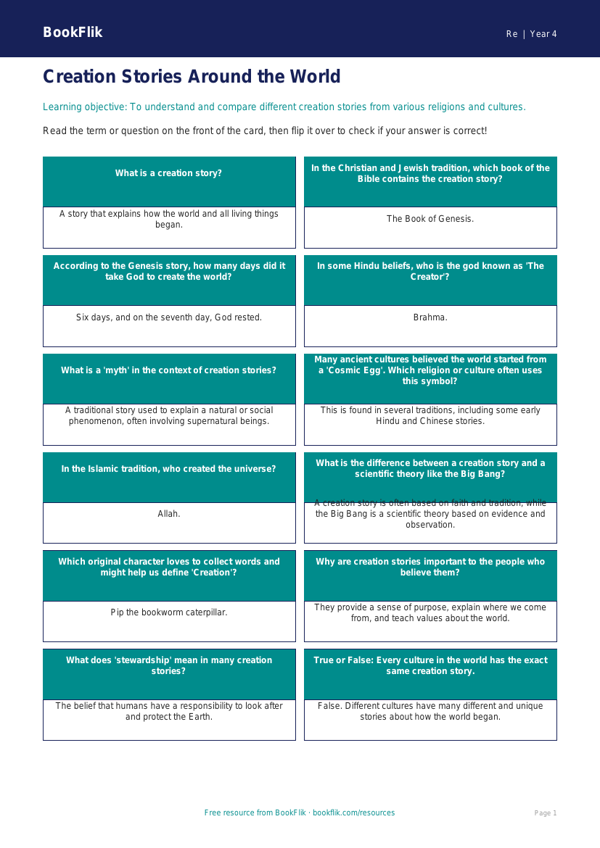 Free Creation Stories Flashcards | Year 4 Core | BookFlik worksheet preview — Re Creation Stories