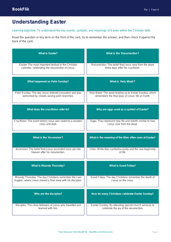 Free Easter Flashcards | Year 4 Core | BookFlik worksheet preview — Re Easter