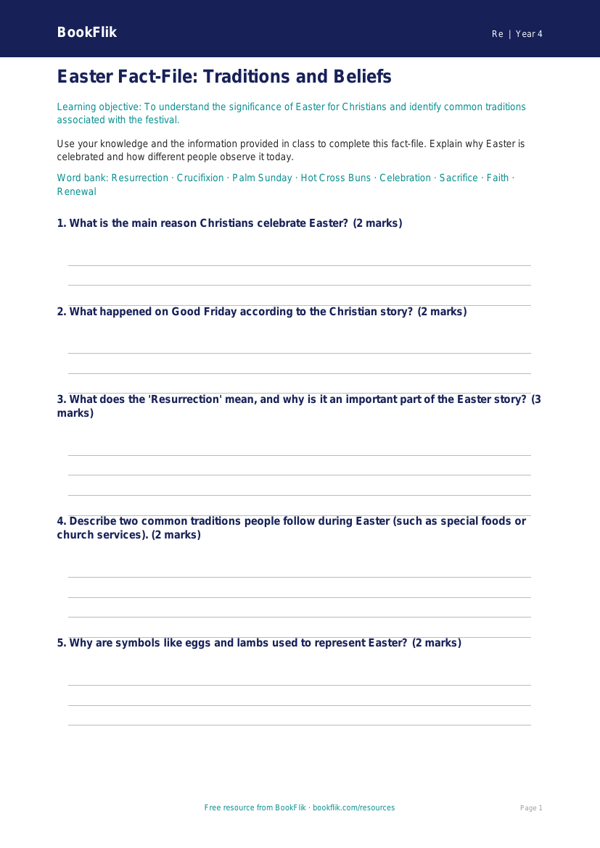 Free Easter Template | Year 4 Core | BookFlik worksheet preview — Re Easter