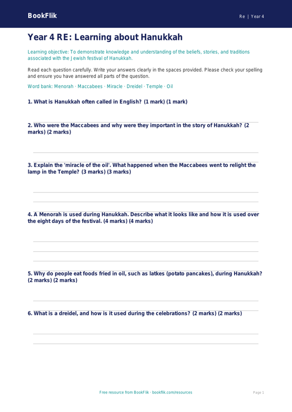 Free Hanukkah Assessment | Year 4 Core | BookFlik worksheet preview — Re Hanukkah