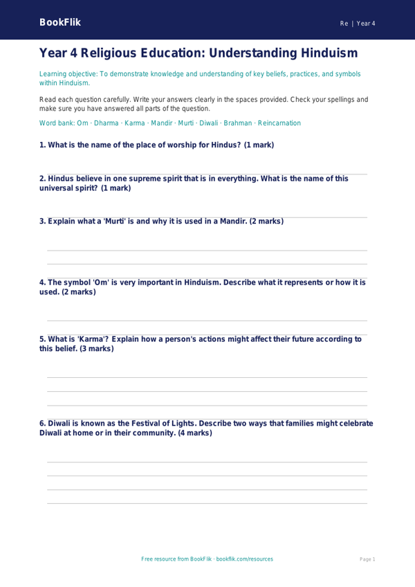 Free Hinduism Assessment | Year 4 Core | BookFlik worksheet preview — Re Hinduism