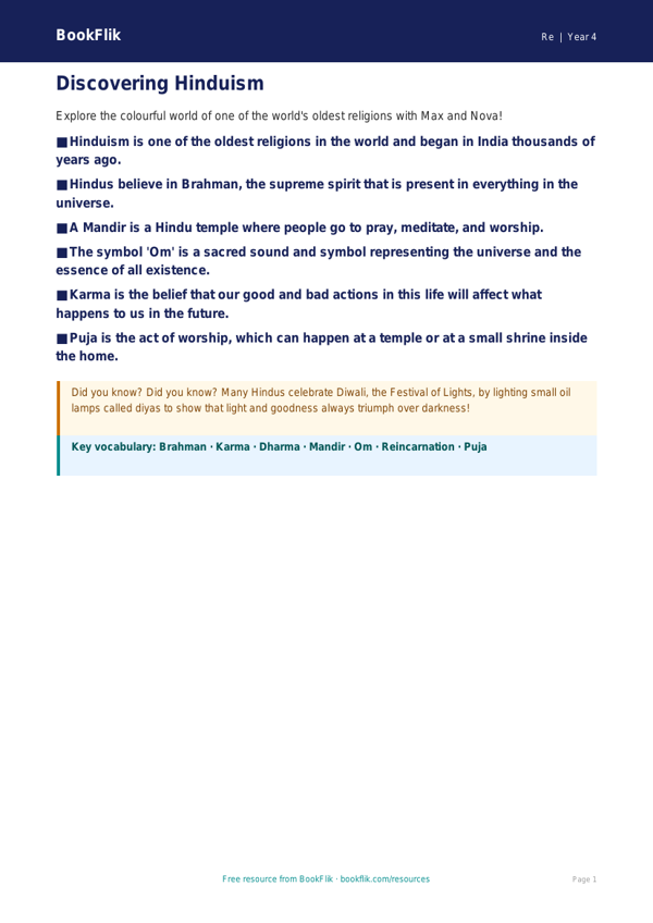 Free Hinduism Poster | Year 4 Core | BookFlik worksheet preview — Re Hinduism