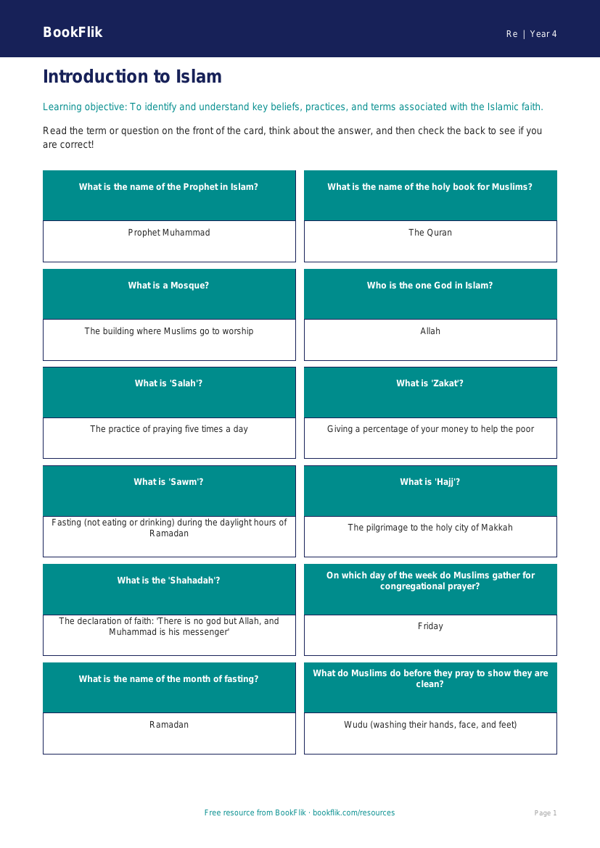 Free Islam Flashcards | Year 4 Core | BookFlik worksheet preview — Re Islam