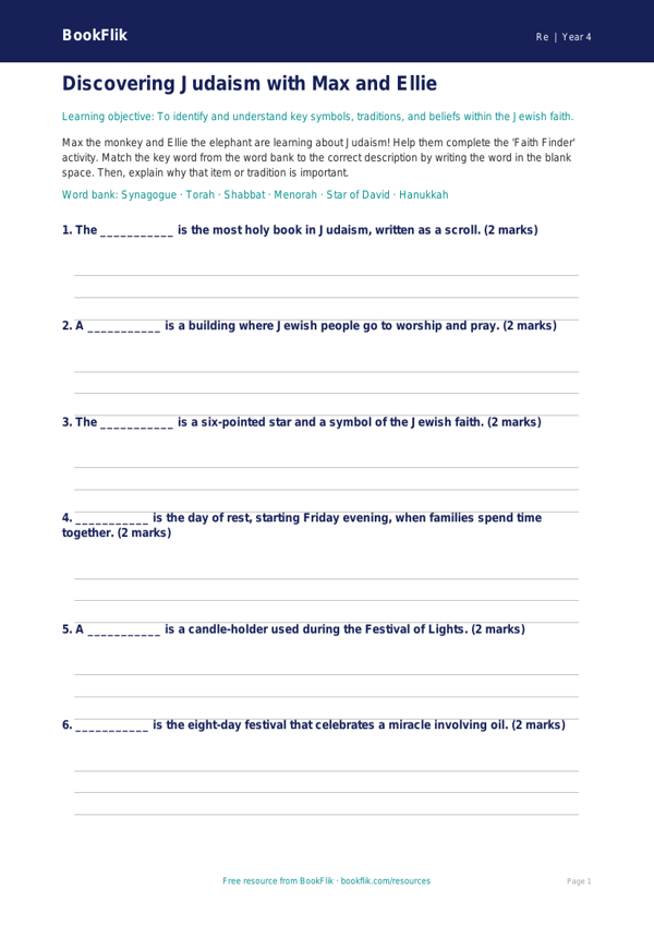 Free Judaism Activity Sheet | Year 4 Core | BookFlik worksheet preview — Re Judaism