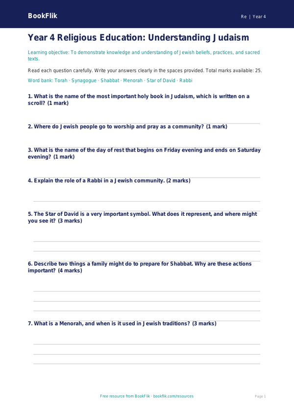 Free Judaism Assessment | Year 4 Core | BookFlik worksheet preview — Re Judaism